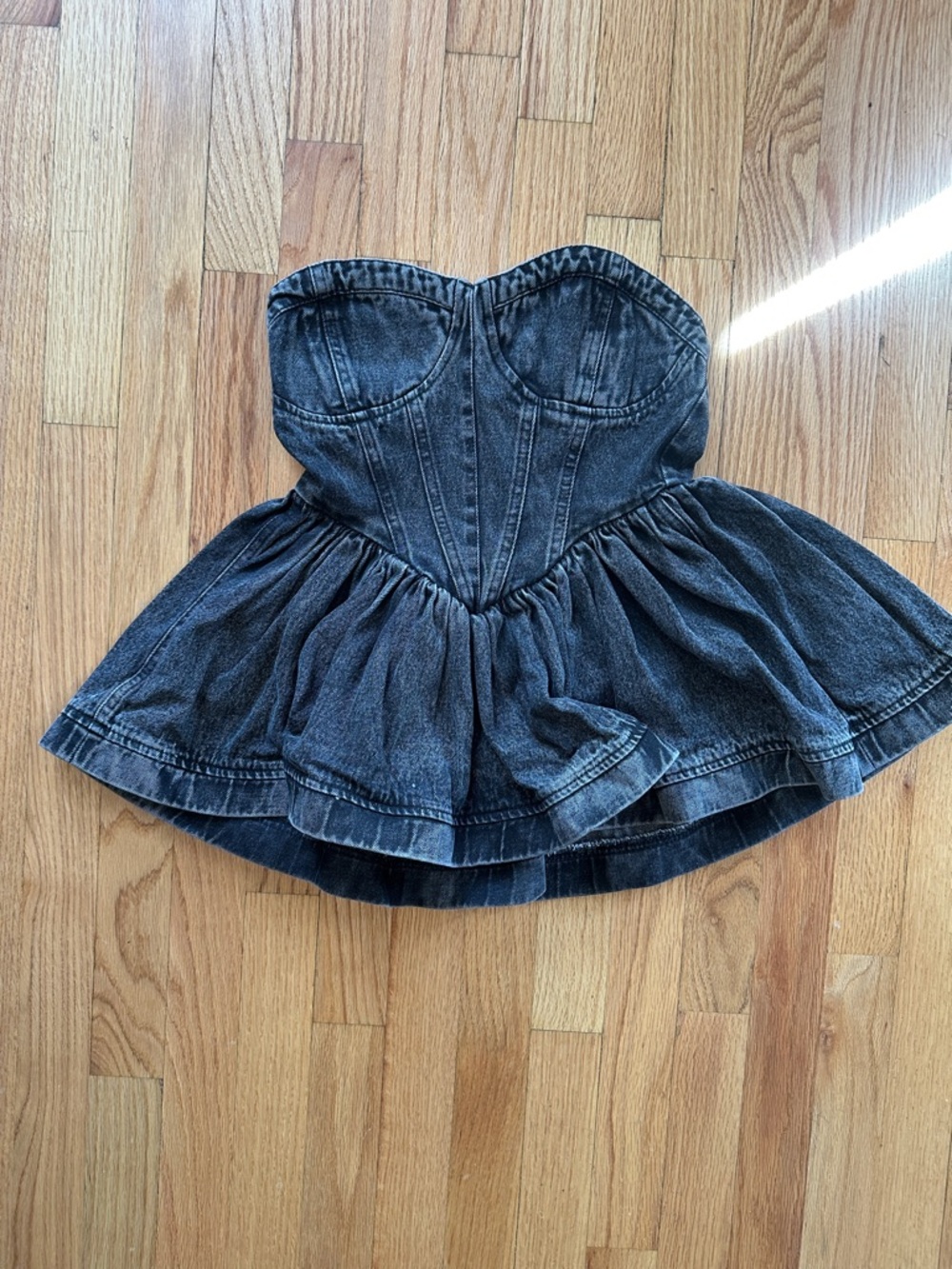 Strapless Denim Peplum Top in Black Wash